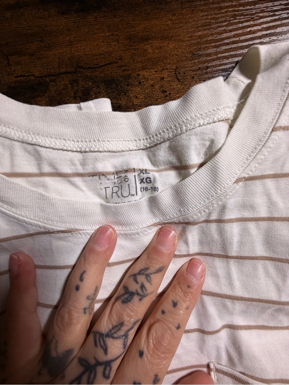 Time and Tru Cream Short Sleeve Tee with Tan Stripes